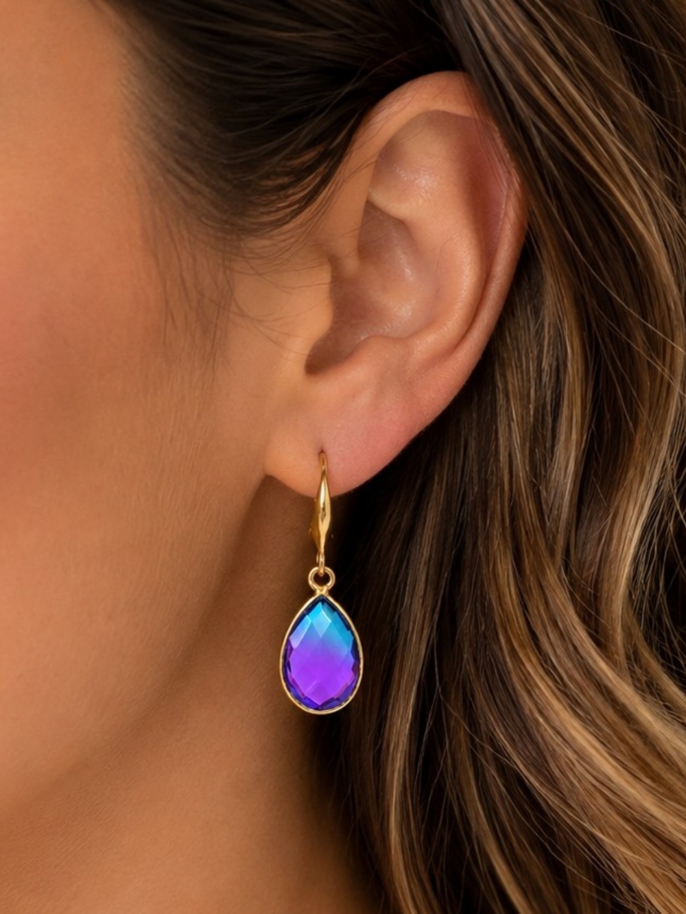 Blue Purple Gradient Aura Quartz Teardrop Earrings 18K Gold Plated